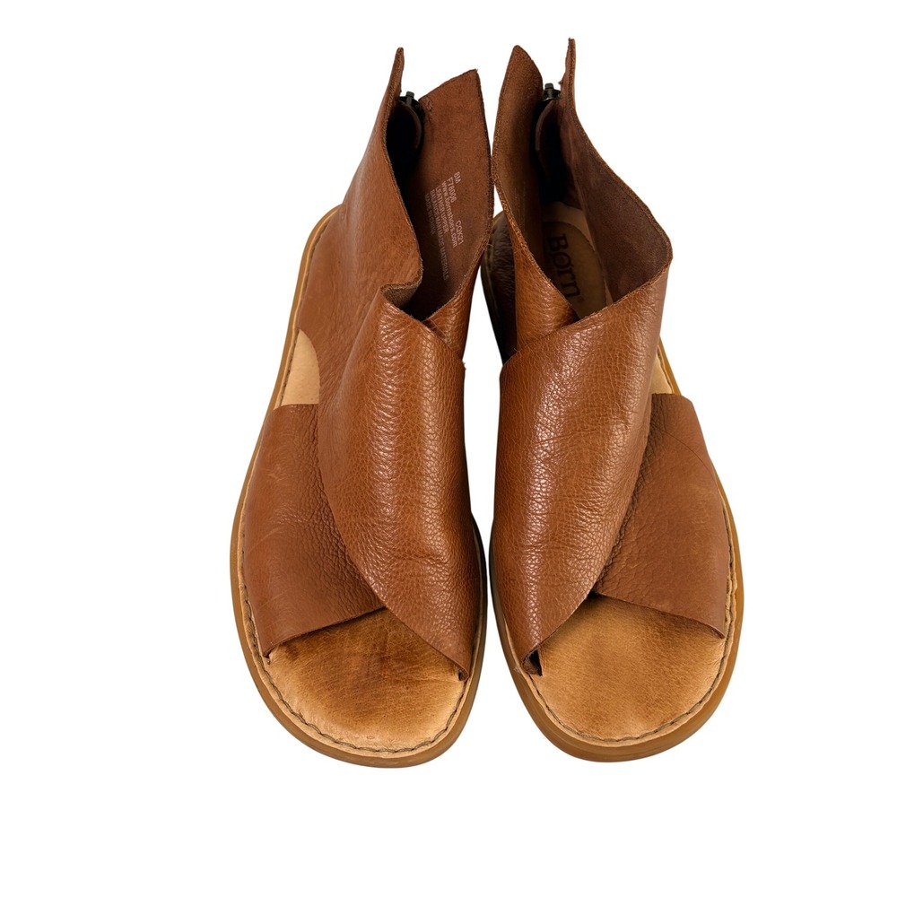 Born IWA Leather Sandals Size 8 M Brown Peep Toe Back Zip Flat Gladiator F78006